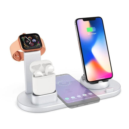 Practical Charging Stand for Multiple Devices in Daily Life showing phone, smartwatch, earbuds charging together