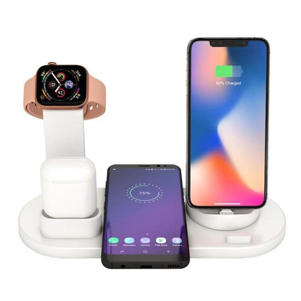 Practical Charging Stand for Multiple Devices in Daily Life holding phone upright, earbuds and smartwatch charging