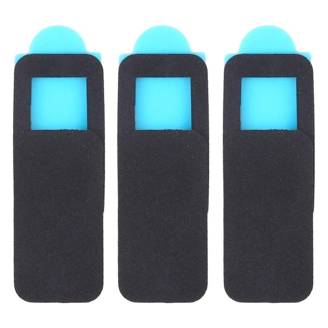 Ultra-Thin Universal Webcam Cover 3 Pack - three black and blue slide-over privacy webcam covers for laptops, tablets, phones