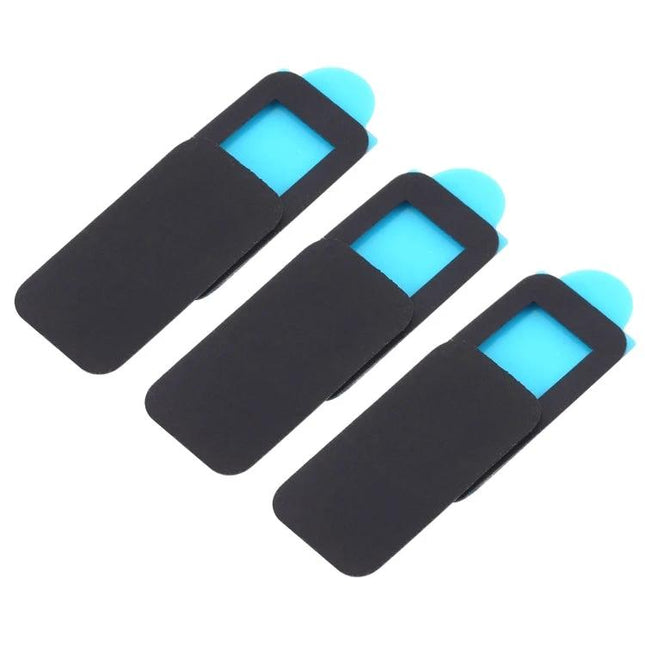 Ultra-Thin Universal Webcam Cover 3 Pack showing three black slide-over covers with blue sliders for laptops, tablets, phones