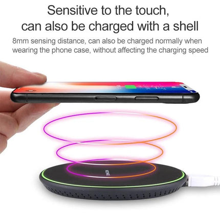 Compact Wireless Charger for Daily Phone Use at Home - KD-1 slim pad charging phone on nightstand, charges through 8mm case, clutter-free desk solution