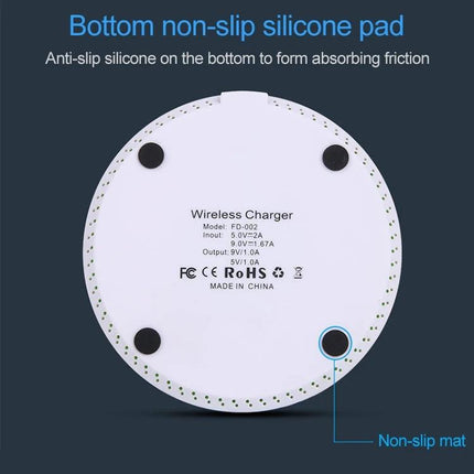 Compact Wireless Charger for Daily Phone Use at Home with bottom non-slip silicone pads, compact 10x10x0.67cm design to reduce desk clutter
