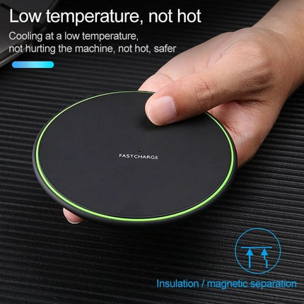 Compact Wireless Charger for Daily Phone Use at Home - KD-1 compact black fastcharge pad with green rim held in hand, low temperature design