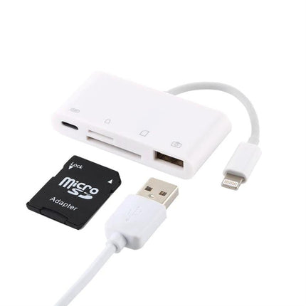 Adapter for Daily Photo Transfers from Camera Cards to iPhone — white lightning card reader with SD, microSD and USB ports for travel