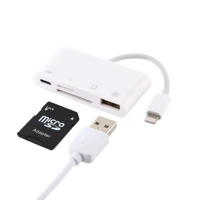 Adapter for Daily Photo Transfers from Camera Cards to iPhone — white lightning card reader with SD, microSD and USB ports for travel