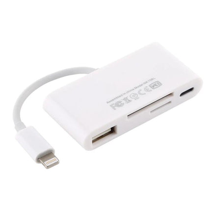Adapter for Daily Photo Transfers from Camera Cards to iPhone - white Lightning card reader with SD/TF slots and USB port for on-the-go photo transfer