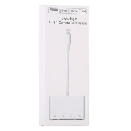 Adapter for Daily Photo Transfers from Camera Cards to iPhone — white Lightning 4-in-1 camera card reader for iPhone and iPad, SD/TF card support