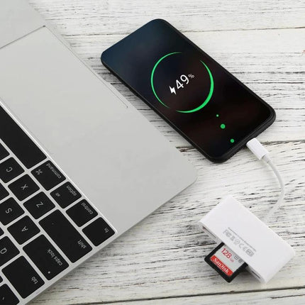Adapter for Daily Photo Transfers from Camera Cards to iPhone showing SD card reader connected to iPhone for quick travel photo transfer