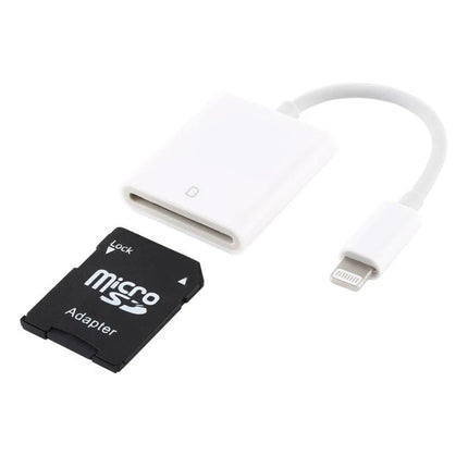NK105 Adapter for Daily Camera Photo Transfers to iPhone showing white Lightning SD card reader and microSD adapter for travel photographers
