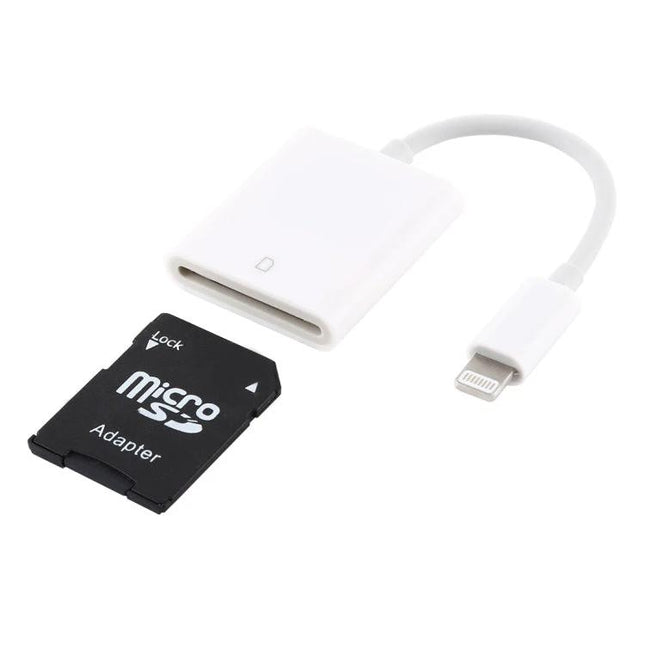 NK105 Adapter for Daily Camera Photo Transfers to iPhone showing white Lightning SD card reader and microSD adapter for travel photographers