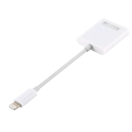 NK105 Adapter for Daily Camera Photo Transfers to iPhone showing white lightning-compatible SD card reader cable