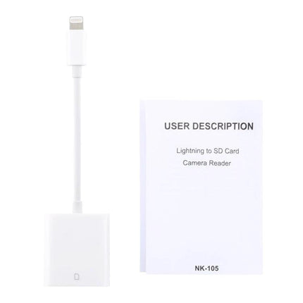 NK105 Adapter for Daily Camera Photo Transfers to iPhone – white Lightning to SD card camera reader with user guide