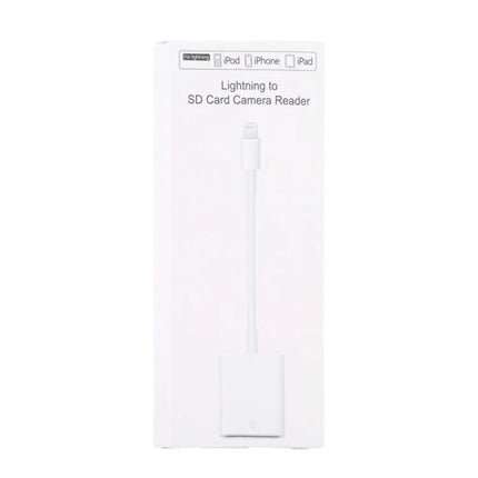 NK105 Adapter for Daily Camera Photo Transfers to iPhone – white Lightning to SD card reader showing adapter and cable for iPhone/iPad photo transfer