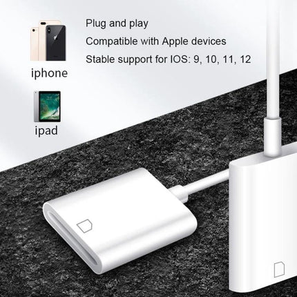 NK105 Adapter for Daily Camera Photo Transfers to iPhone plugged into iPhone/iPad for quick SD card photo transfer on the go