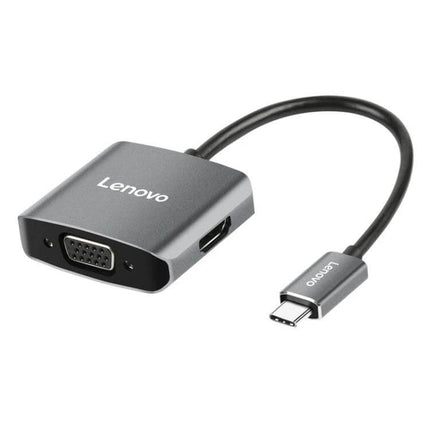 Lenovo USB-C to HDMI and VGA Adapter for Displays showing USB-C connector, HDMI and VGA ports for monitors and projectors