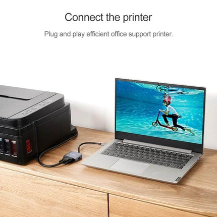 Lenovo USB-C to HDMI and VGA Adapter for Displays connected between laptop and printer showing mirrored screen, HDMI and VGA outputs