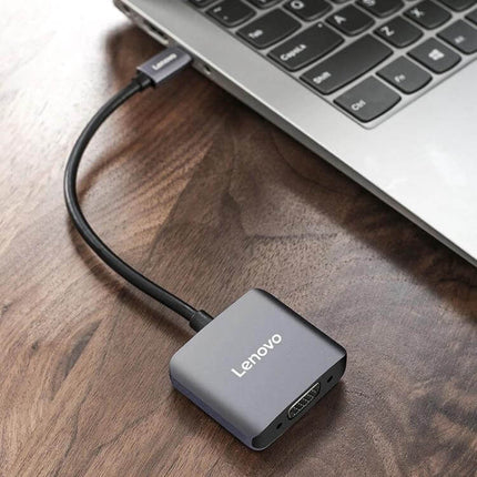 Lenovo USB-C to HDMI and VGA Adapter for Displays connected to laptop showcasing HDMI and VGA outputs for presentations and home setups