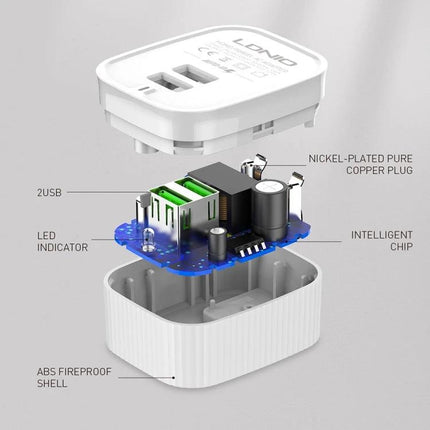 Keep Your Devices Charged During Daily Travels With LDNIO Charger - white dual USB wall charger with exploded view showing ABS shell, intelligent chip, LED indicator