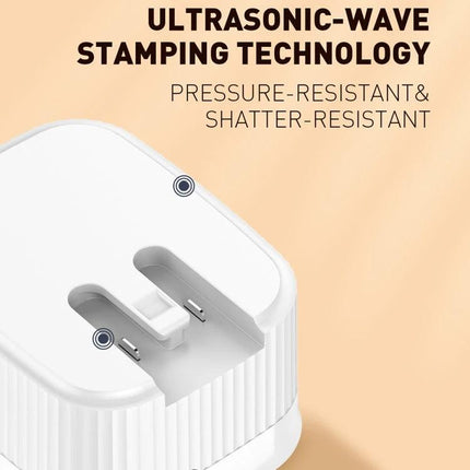 Keep Your Devices Charged During Daily Travels With LDNIO Charger white compact dual USB wall adapter showing ultrasonic-wave stamping pressure-resistant design