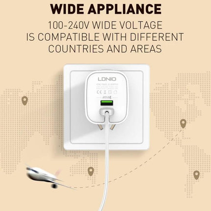 Keep Your Devices Charged During Daily Travels With LDNIO Charger plugged into a wall outlet charging two devices for travel convenience