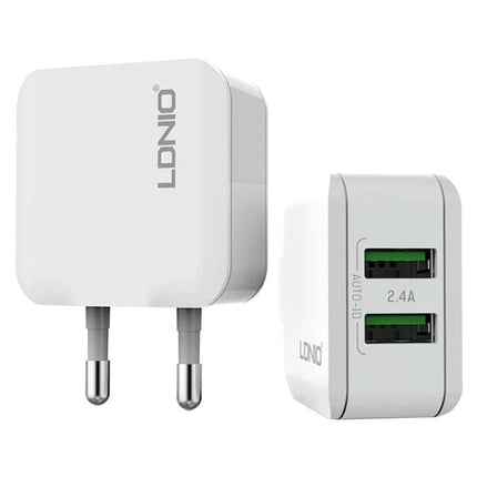 Compact LDNIO USB Charger for Daily Travel Essentials white dual USB wall adapter with 2.4A ports for smartphone and tablet charging