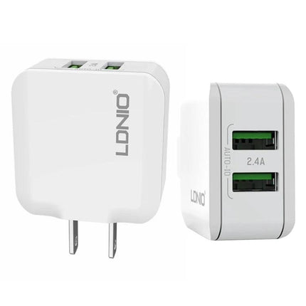 Compact LDNIO USB Charger for Daily Travel Essentials - white dual USB wall charger with 2.4A ports for smartphone and tablet