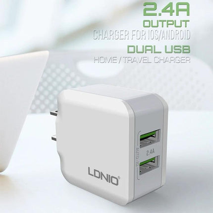Compact LDNIO USB Charger for Daily Travel Essentials - white dual USB 2.4A travel wall charger shown on desk