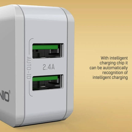 Compact LDNIO USB Charger for Daily Travel Essentials shown charging two devices with 2.4A dual USB ports and intelligent charging chip