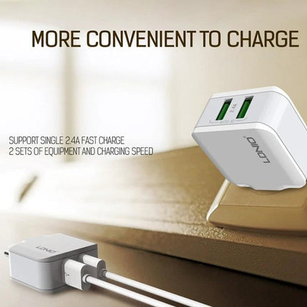 Compact LDNIO USB Charger for Daily Travel Essentials - compact dual USB wall charger shown charging smartphone and tablet, portable travel power