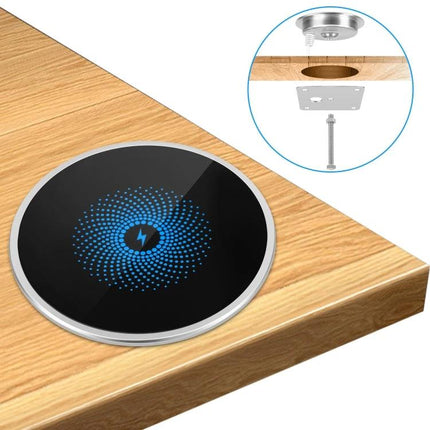 Embedded Wireless Charger for Desk Use in Daily Settings - round flush-mount wireless phone charger installed in wooden desk, supports angled charging