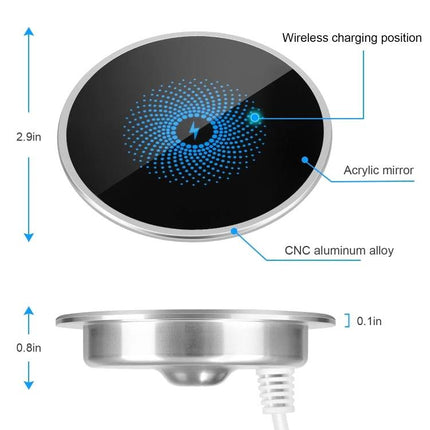 Embedded Wireless Charger for Desk Use in Daily Settings - round acrylic mirror top and CNC aluminum alloy flush-mount charger for phones