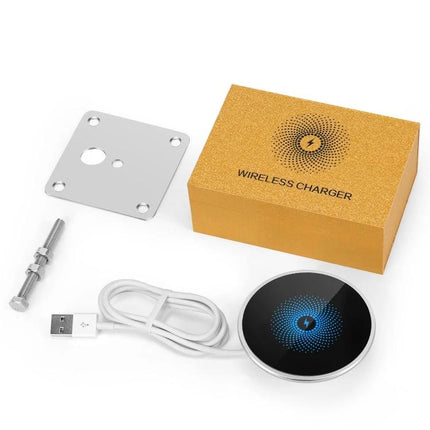 Embedded Wireless Charger for Desk Use in Daily Settings - slim round charging puck with USB cable and mounting plate shown