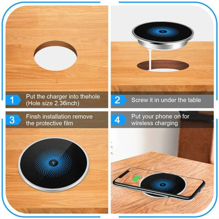 Embedded Wireless Charger for Desk Use in Daily Settings - inset desk wireless charger installation and phone charging on tabletop