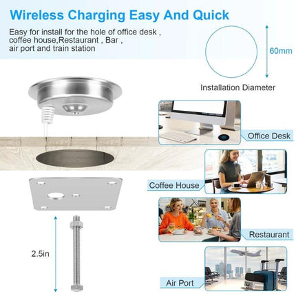 Embedded Wireless Charger for Desk Use in Daily Settings - discreet in-desk wireless charging for office, coffee shop, restaurant and travel 60mm
