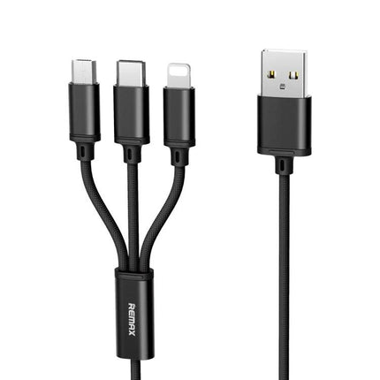 REMAX Charging Cable for Everyday Device Use at Home and Travel - black 3-in-1 durable braided cable with USB-A to USB-C, Lightning, and Micro-USB