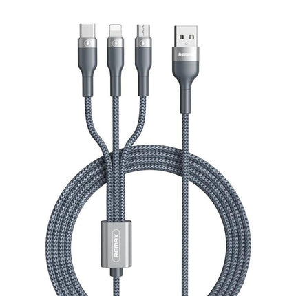 Essential REMAX Cable for Everyday Device Charging Needs - braided 3-in-1 USB cable with USB-A, Lightning, USB-C, Micro-USB, long durable reach