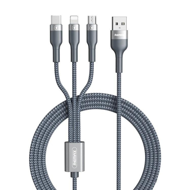 Essential REMAX Cable for Everyday Device Charging Needs - braided 3-in-1 USB cable with USB-A, Lightning, USB-C, Micro-USB, long durable reach