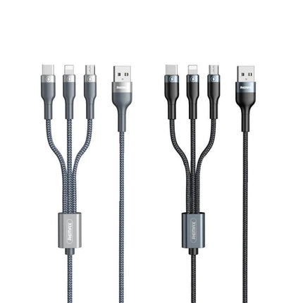Essential REMAX Cable for Everyday Device Charging Needs - braided 3-in-1 USB charging cable with USB-C/Lightning/Micro-USB connectors