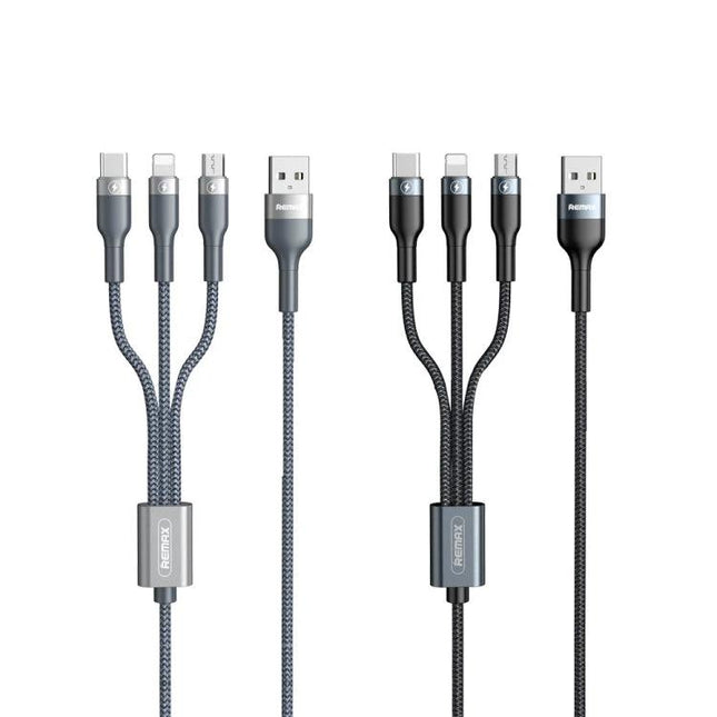 Essential REMAX Cable for Everyday Device Charging Needs - braided 3-in-1 USB charging cable with USB-C/Lightning/Micro-USB connectors