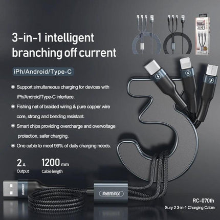 Essential REMAX Cable for Everyday Device Charging Needs - 3-in-1 braided charging cable for iPhone/Android/Type-C, long 1200mm, bend-resistant