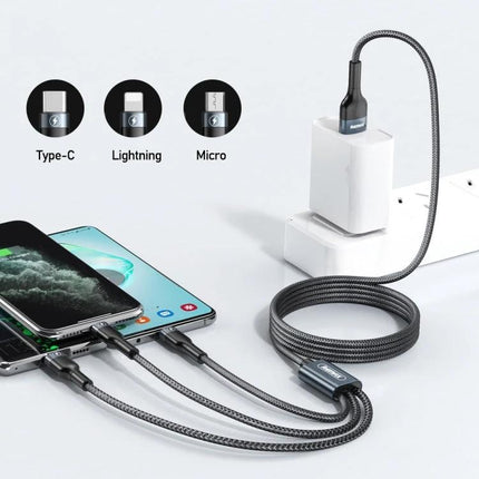 Essential REMAX Cable for Everyday Device Charging Needs with Type-C Lightning Micro braided 3-in-1 charging cable connected to phone and wall adapter