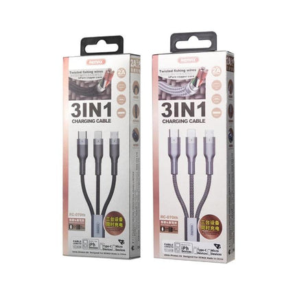 Essential REMAX Cable for Everyday Device Charging Needs - retail packaging showing 3-in-1 braided charging cables (USB-C, Lightning, Micro USB)