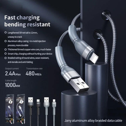 REMAX Cable for Everyday iPhone Charging and Data Transfer - braided aluminum alloy cable, fast charging, bending resistant, 1m length, USB to Lightning