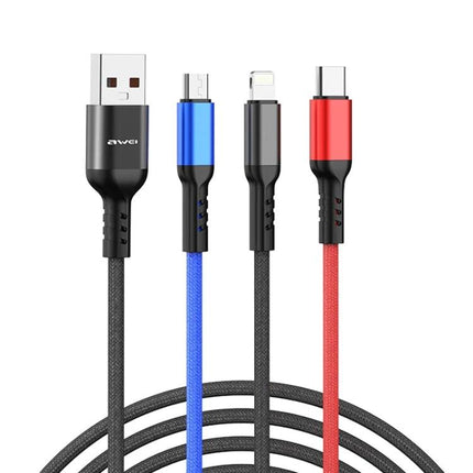 Awei Multi-Charging Cable for Everyday Device Connections showing USB, micro‑USB, Lightning and USB‑C connectors with braided cords