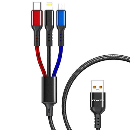 Awei Multi-Charging Cable for Everyday Device Connections — 3-in-1 braided USB cable with USB-C, Lightning, and Micro-USB connectors for desk and travel