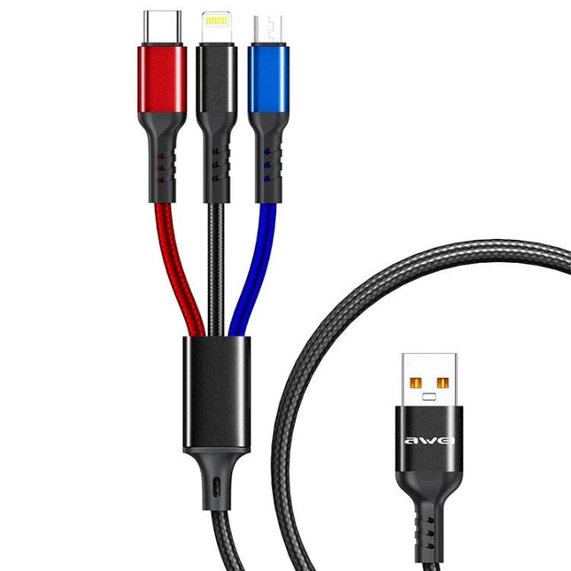Awei Multi-Charging Cable for Everyday Device Connections — 3-in-1 braided USB cable with USB-C, Lightning, and Micro-USB connectors for desk and travel