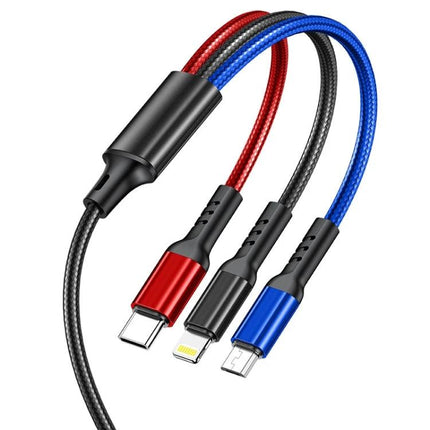 Awei Multi-Charging Cable for Everyday Device Connections - braided 3-in-1 cable with USB-C, Lightning, and Micro-USB for charging phone, tablet, earbuds