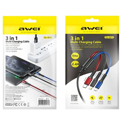 Awei Multi-Charging Cable for Everyday Device Connections - 3 in 1 multi-charging cable packaging showing three ports and cables