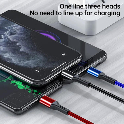 Awei Multi-Charging Cable for Everyday Device Connections charging three phones simultaneously with red blue black braided cables on desk