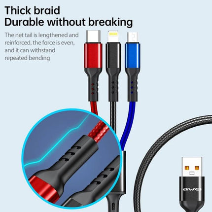 Awei Multi-Charging Cable for Everyday Device Connections showing three durable braided connectors (USB-C, Lightning, Micro-USB) and reinforced strain relief